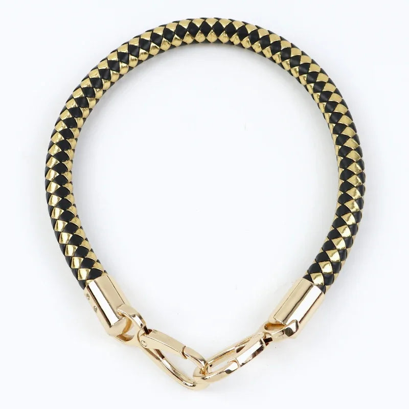 A gold-toned PU leather replacement bag strap with a black and gold checkered pattern and metal buckles.