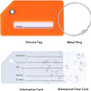 A silicone tag with a name field and a metal ring, next to an information card and a waterproof clear card.