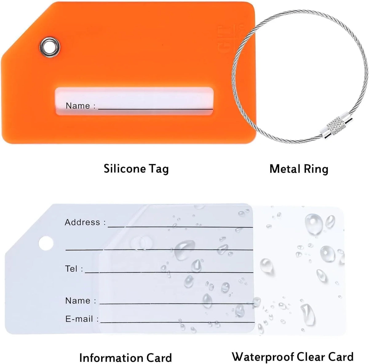 A silicone tag with a name field and a metal ring, next to an information card and a waterproof clear card.