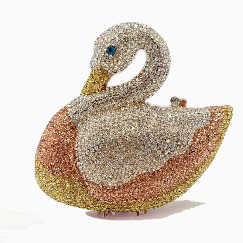 Pochette en cristal étincelante en forme de cygne, tons or et rose-or.