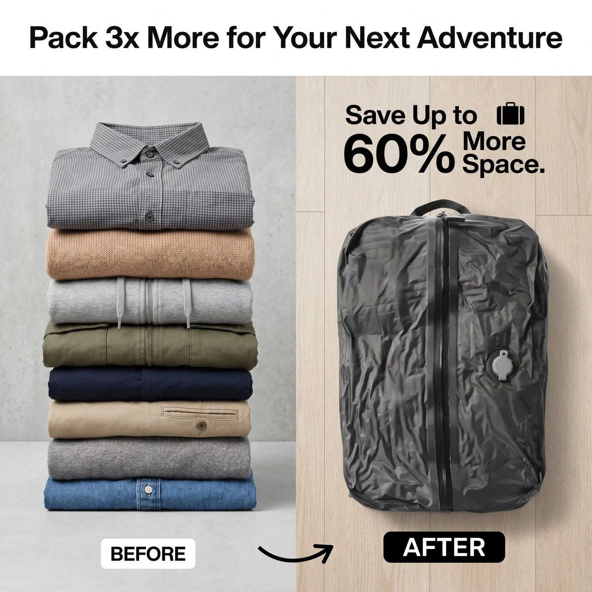 Before and after comparison showing vacuum storage bags compressing clothing for travel and home organization