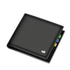 Black genuine leather bifold men's wallet with colored stitching on the edge