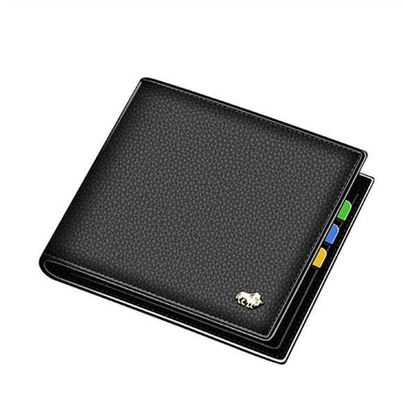 Black genuine leather bifold men's wallet with colored stitching on the edge