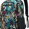 A patterned business travel laptop backpack featuring a dark purple background with teal, green, and yellow leaf designs.