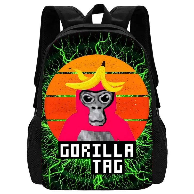 Sac à dos noir avec un graphique vibrant de la silhouette d'une tête de gorille sur fond orange.
