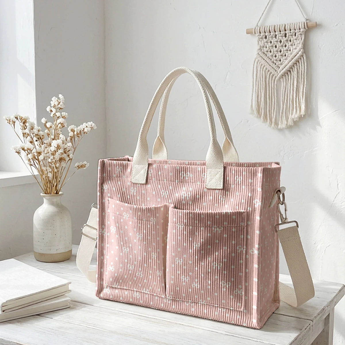 Sac cabas à pois roses en velours côtelé avec poignées beige clair, exposé sur une surface en bois blanc.