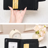 A close-up of a black RFID-blocking compact bifold zipper wallet shown in various orientations and with gold accents.