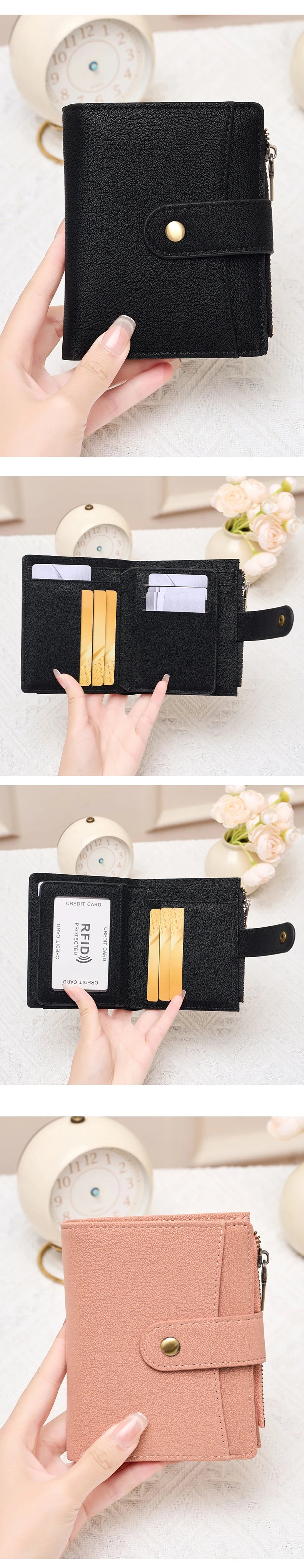 A close-up of a black RFID-blocking compact bifold zipper wallet shown in various orientations and with gold accents.