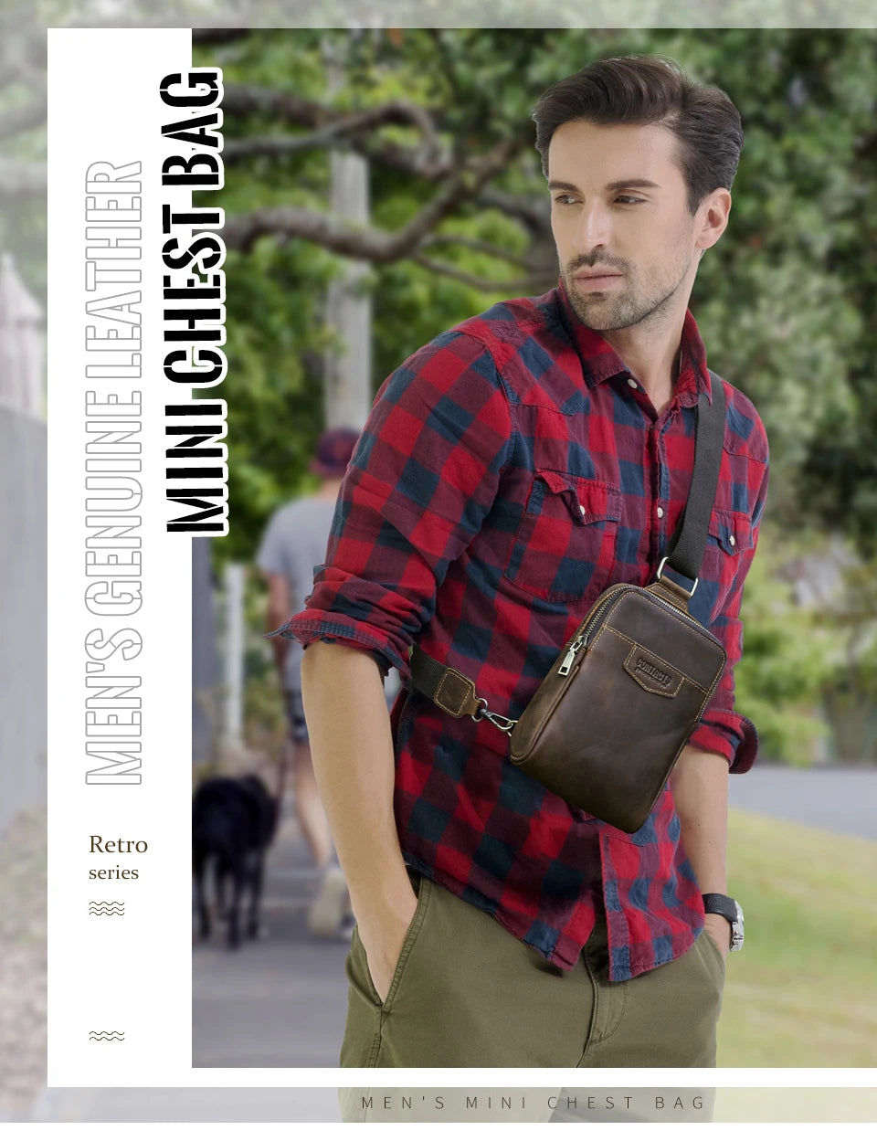 A man wearing a red plaid shirt holds a brown leather mini chest bag.