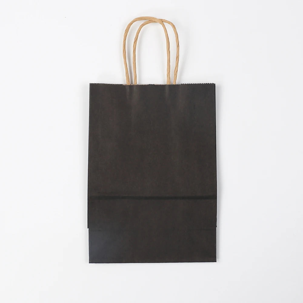 A dark brown reusable kraft paper gift bag with natural twine handles.