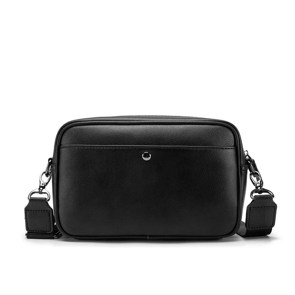 Black men's PU leather crossbody messenger bag with a flap and adjustable strap.