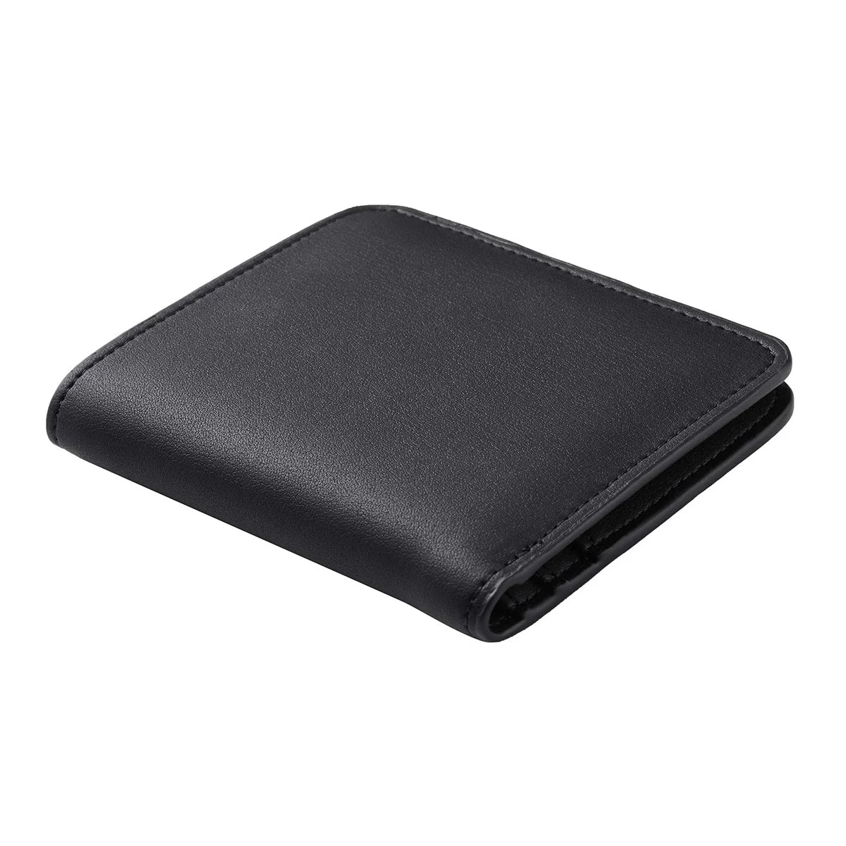 Black compact bi-fold leather wallet for women shown from above