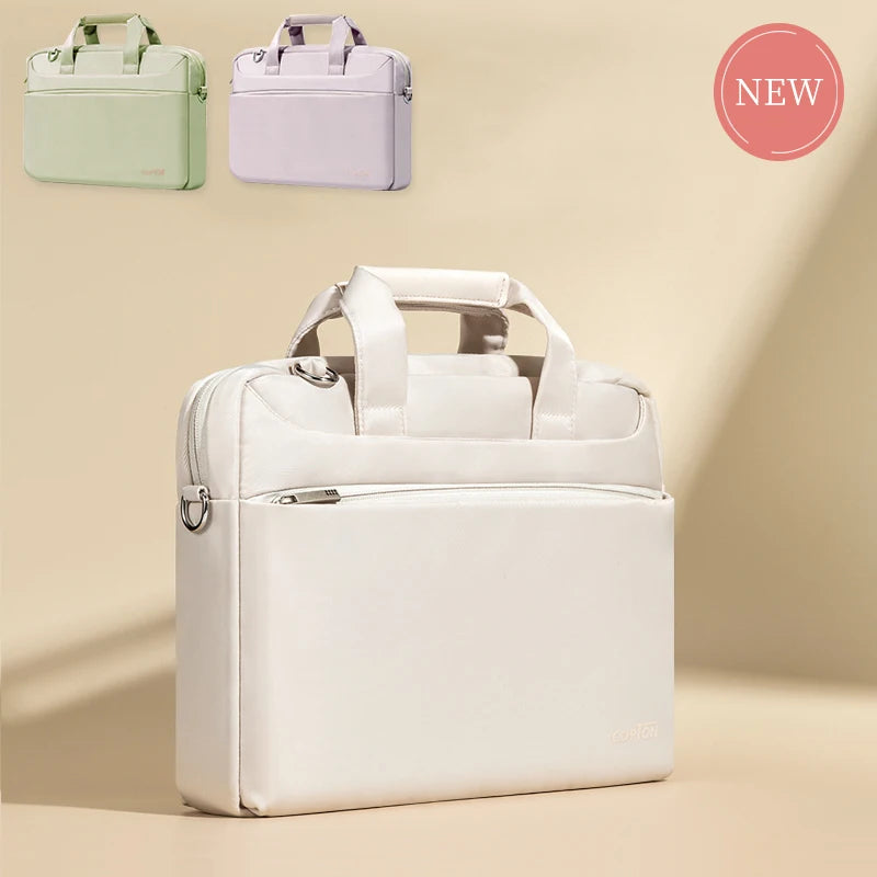 A white premium laptop sleeve is shown with a light green version in the background.