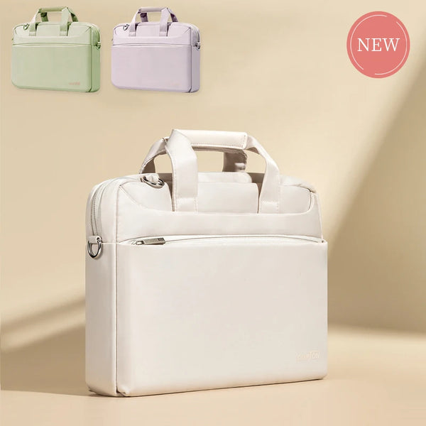 A white premium laptop sleeve is shown with a light green version in the background.