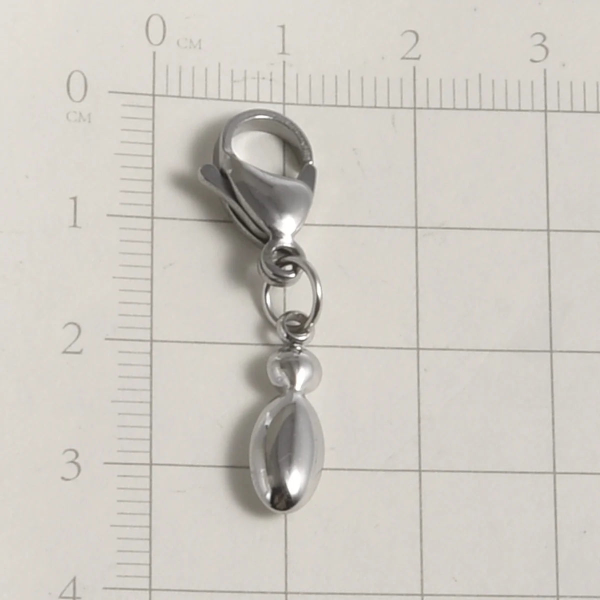 Silver stainless steel alphabet letter charm with a lobster clasp shown against a ruler.