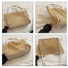 A straw woven tote bag with PU trim and matching pouch shown in various angles on a white bed.