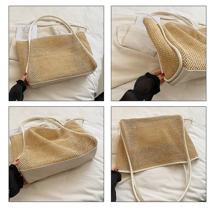 A straw woven tote bag with PU trim and matching pouch shown in various angles on a white bed.