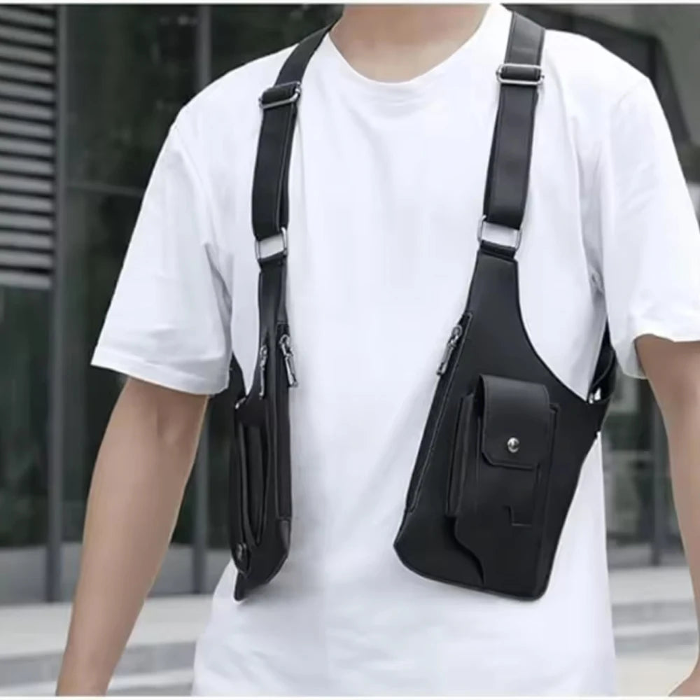 Black concealed underarm travel wallet with a phone pocket worn on a strap over a white t-shirt.
