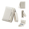 A beige women's zip-around wallet with card slots and a coin pocket shown in various views.