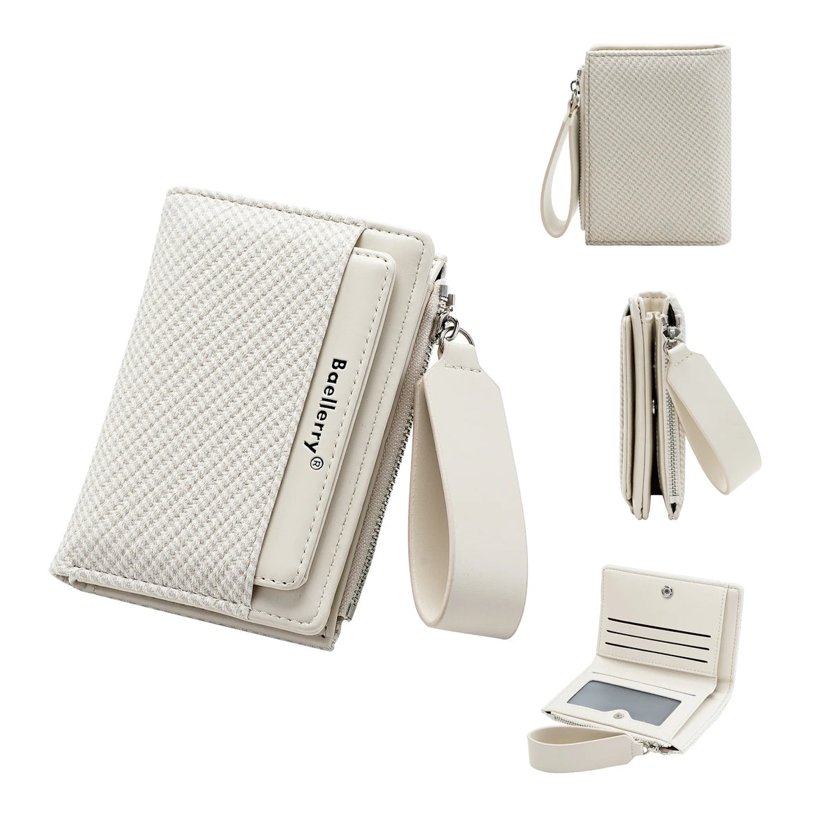 A beige women's zip-around wallet with card slots and a coin pocket shown in various views.
