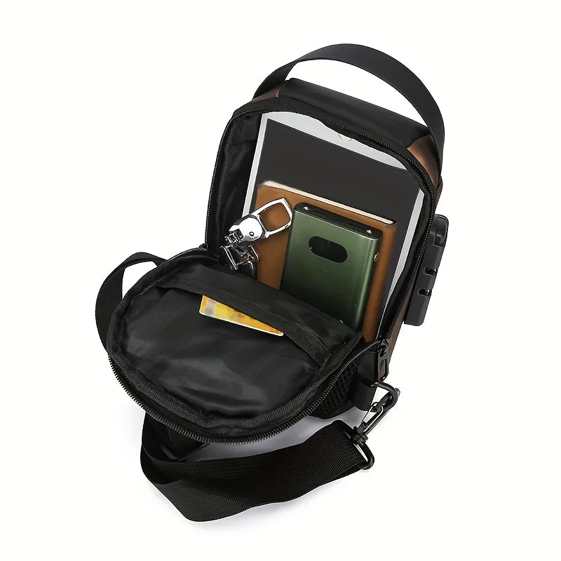 Black men's oxford sling chest bag with a padded phone pocket and leather accents