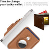A brown MagSafe card wallet with a built-in pocket for an AirTag, shown next to a stack of credit cards.
