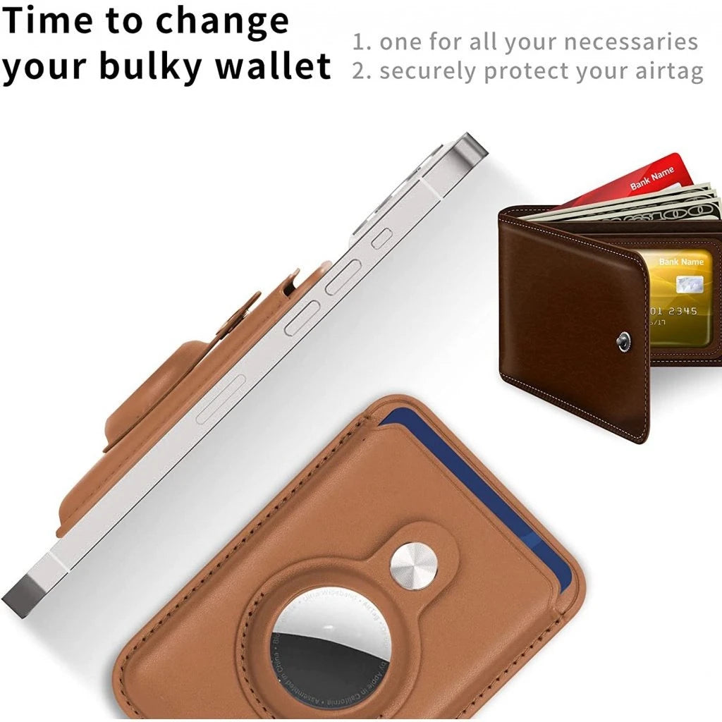 A brown MagSafe card wallet with a built-in pocket for an AirTag, shown next to a stack of credit cards.
