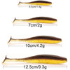 A series of four fish-shaped lures showing increasing length and weight, ranging from 5.5cm/1.4g to 12.5cm/9.3g.
