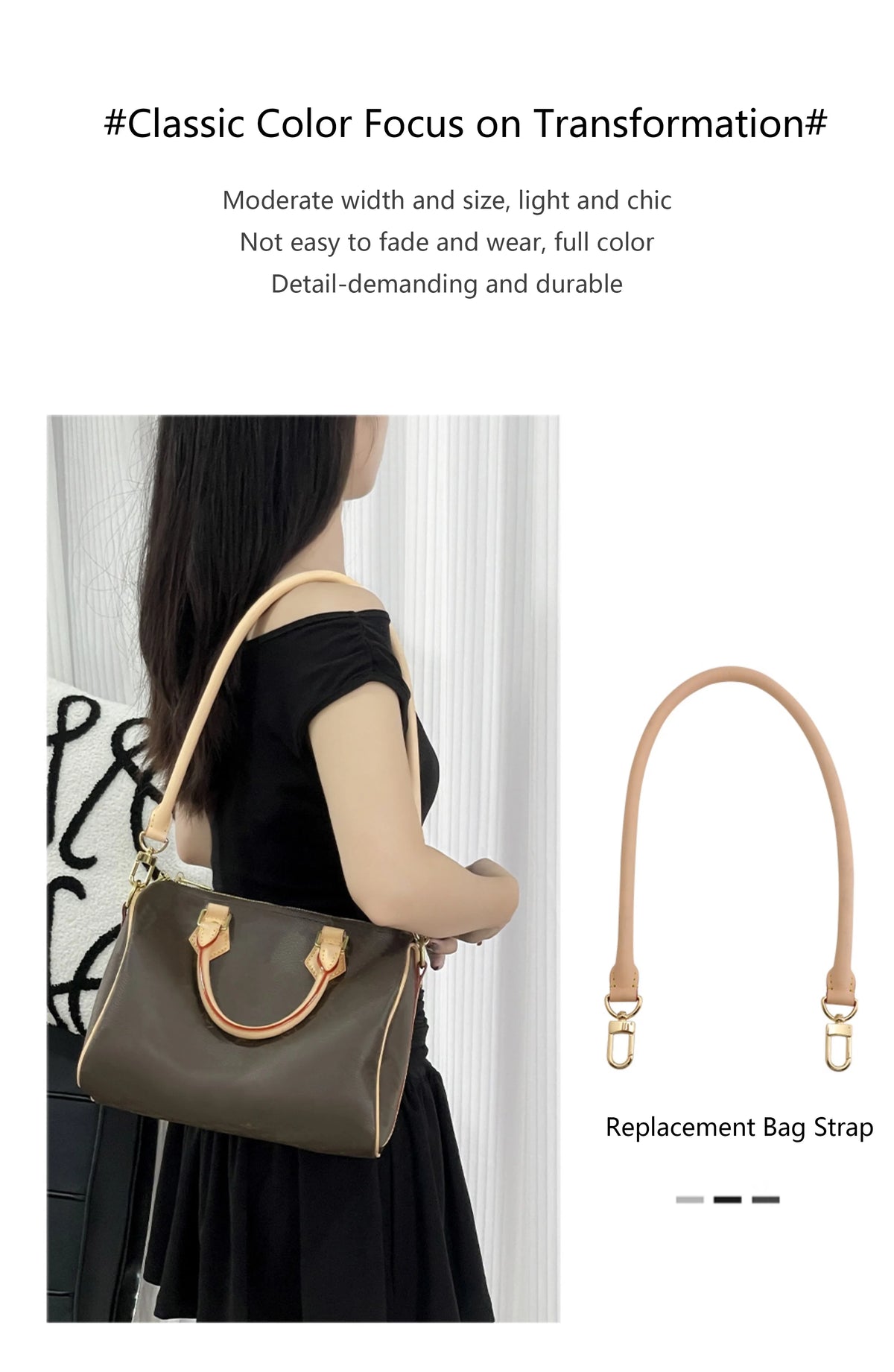 A brown leather handbag with a matching strap is shown being carried by a woman against a white background.