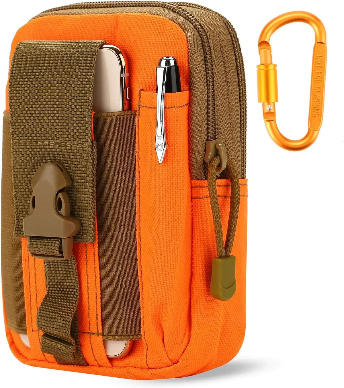 Orange tactical EDC utility pouch with a MOLLE strap and a knife visible.