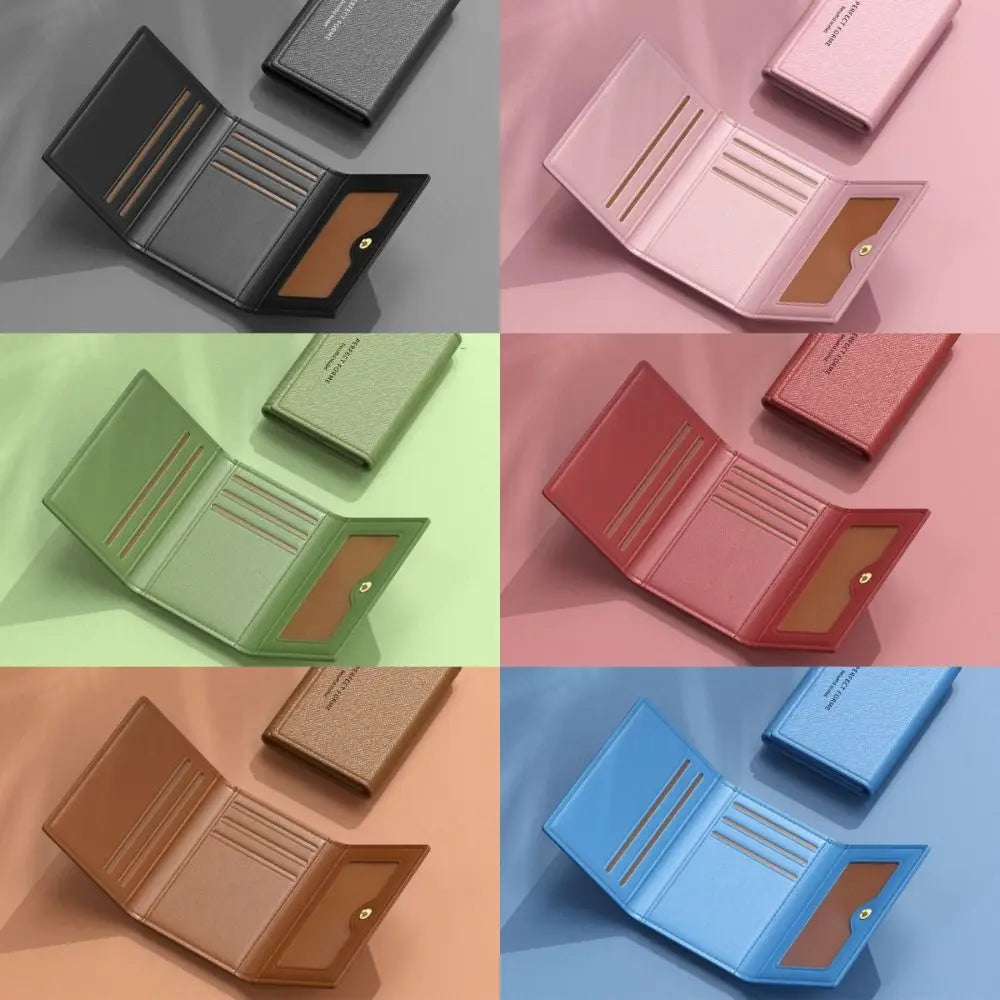 Colección de carteras multi-tarjetas de cuero para mujer en varios tonos: negro, rosa, verde, rojo y marrón.