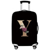 Black premium stretch luggage protective cover with a large gold letter Y embroidered on it