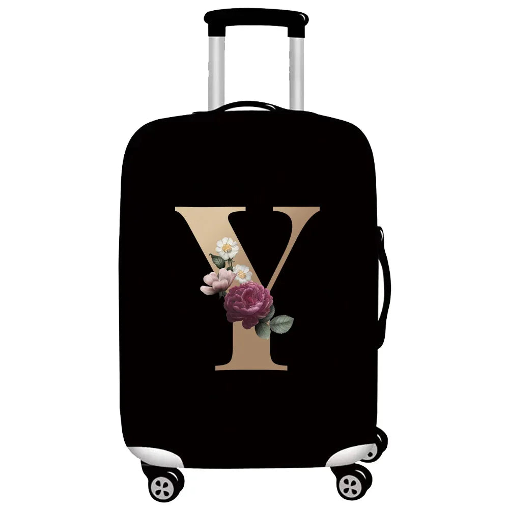 Black premium stretch luggage protective cover with a large gold letter Y embroidered on it
