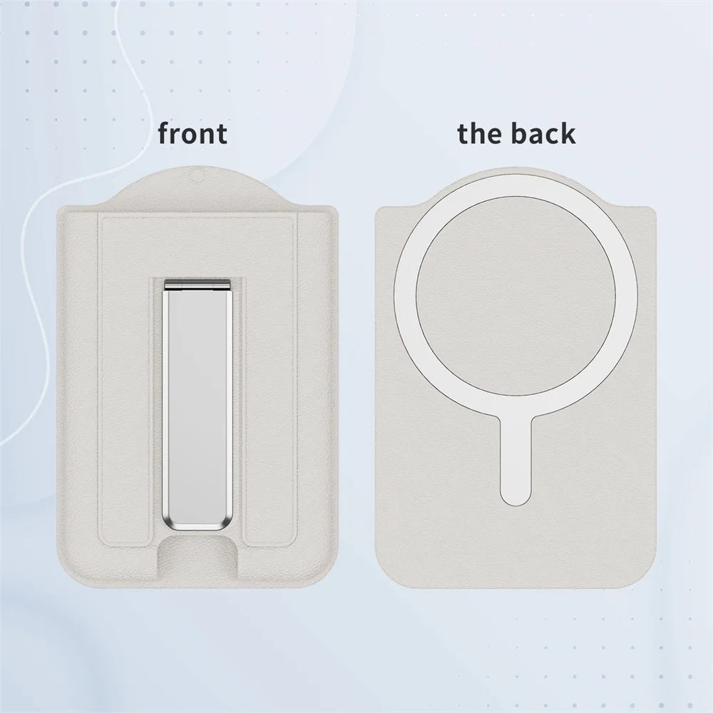 Front and back views of a magnetic PU leather phone wallet with card holder and stand