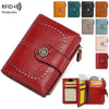 A red leather RFID protection multi-card wallet with various card slots shown in different colors.