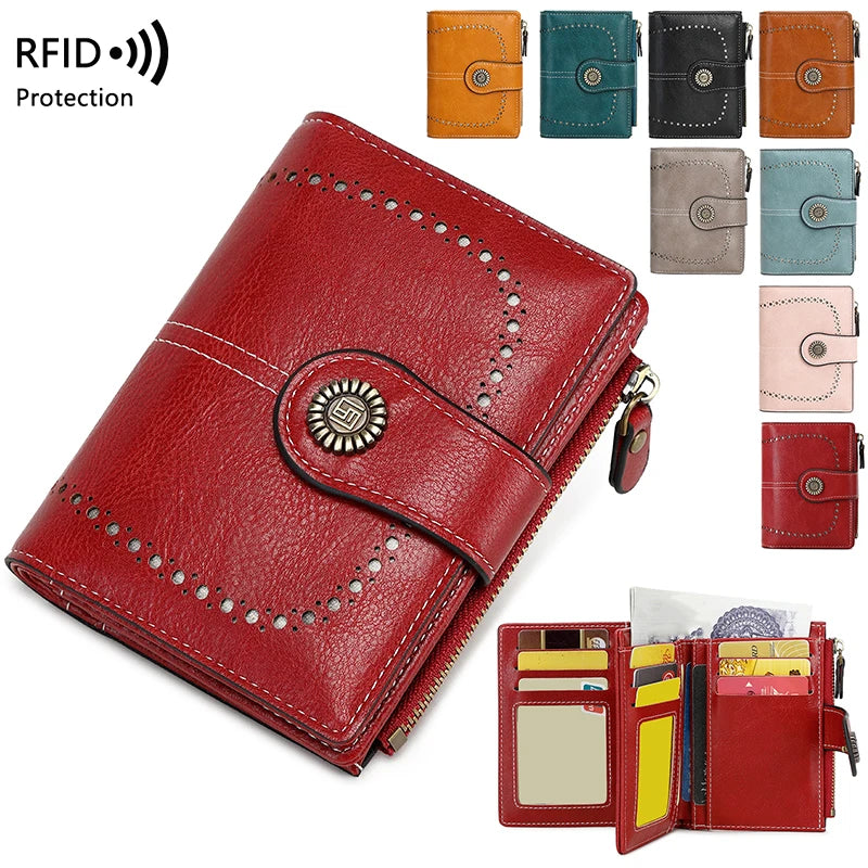 A red leather RFID protection multi-card wallet with various card slots shown in different colors.