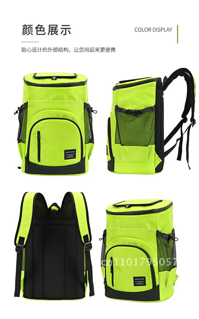 Three views of a bright lime green insulated travel cooler backpack in black and neon yellow.