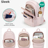 Pink quilted laptop backpack showing various compartments and exterior pockets
