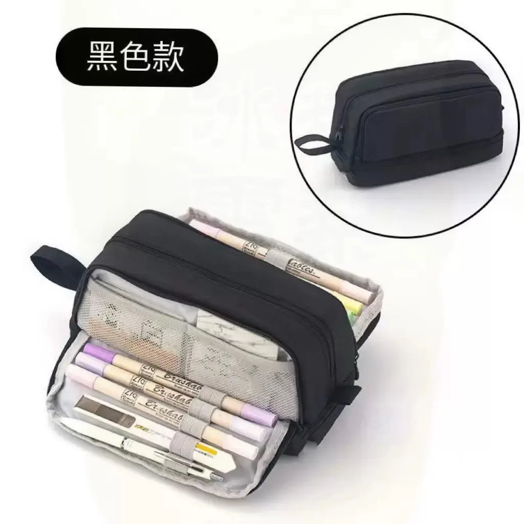 Black pencil case and storage pouch shown with an open compartment displaying pencils and stationery.