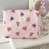 A pink and white striped cosmetic makeup bag featuring a pattern of small brown bear illustrations.