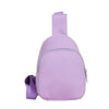 A lavender nylon crossbody bag for kids with a zipper closure.
