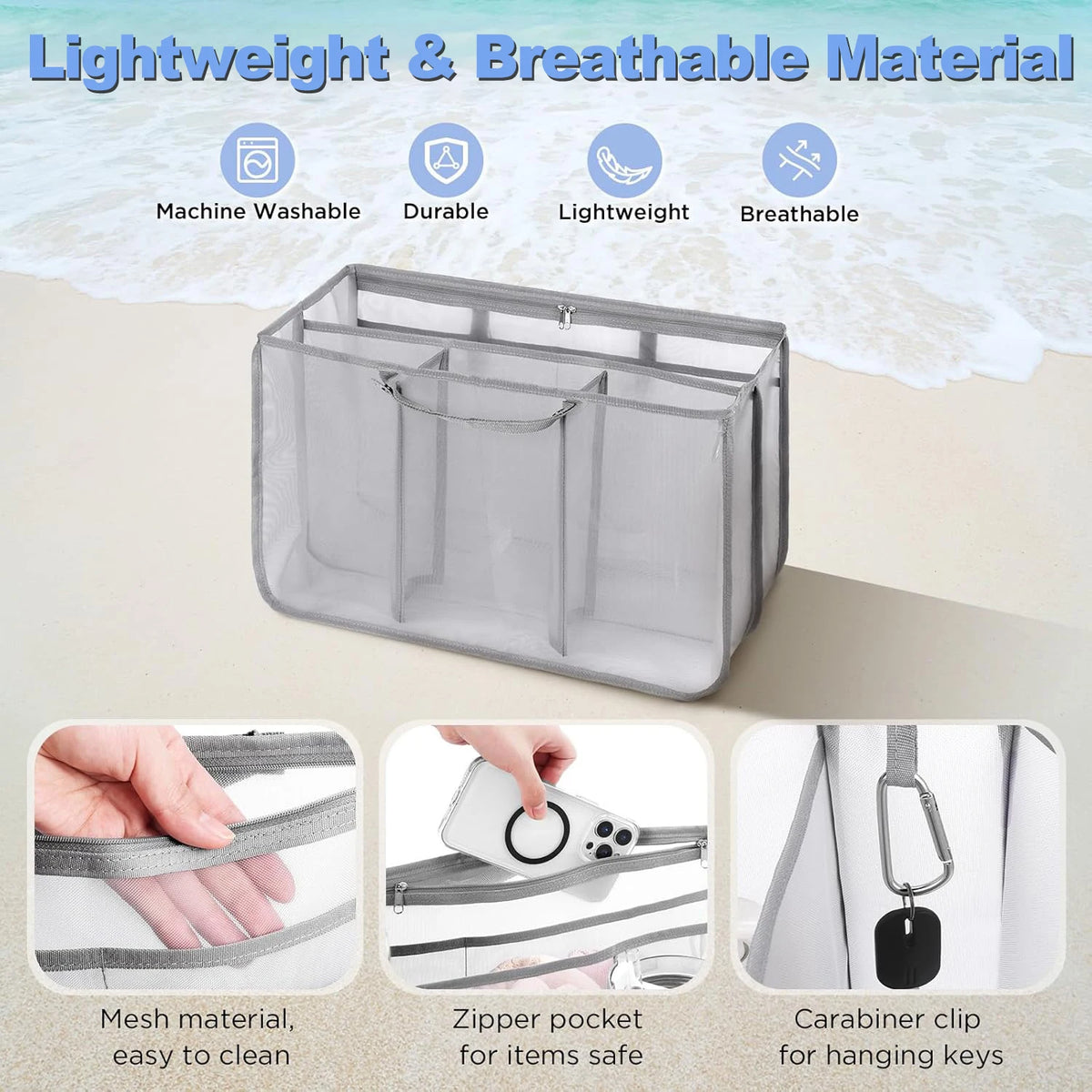 A clear mesh organizer insert with zipper pockets and a carabiner clip shown next to a hand for hanging keys