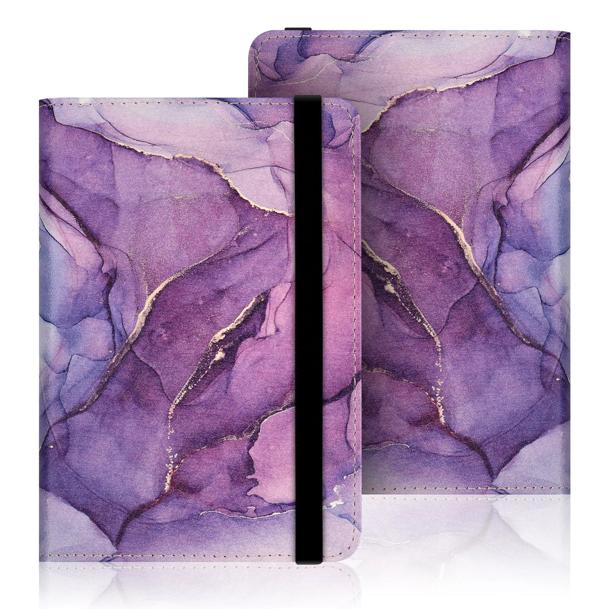 Purple marble patterned e-book cover with a black protective strap
