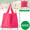 A bright pink reusable foldable grocery tote bag shown in various sizes and after folding.