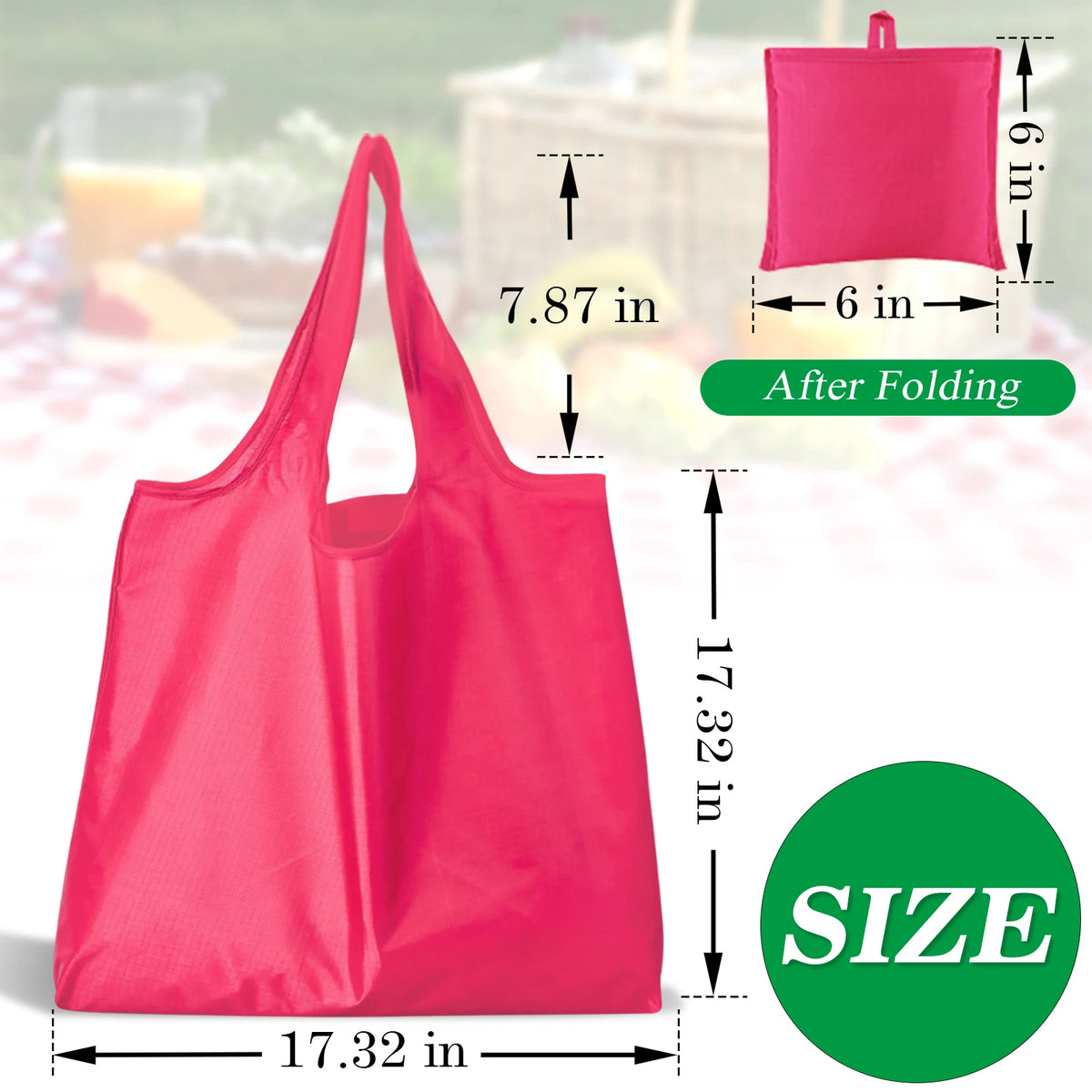 A bright pink reusable foldable grocery tote bag shown in various sizes and after folding.