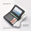 A black faux leather card holder wallet displaying a transparent bit and stacked banknotes.
