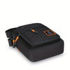 Black men's crossbody sling bag with an orange strap and a headphone port.