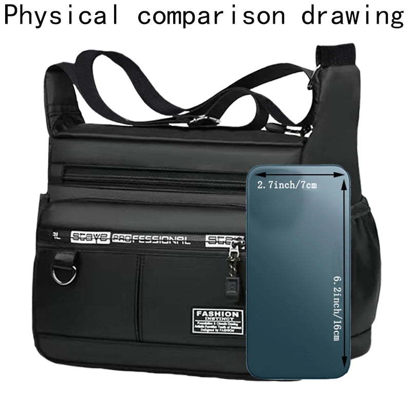 Black men's business crossbody bag with a clear window showing a smartphone.