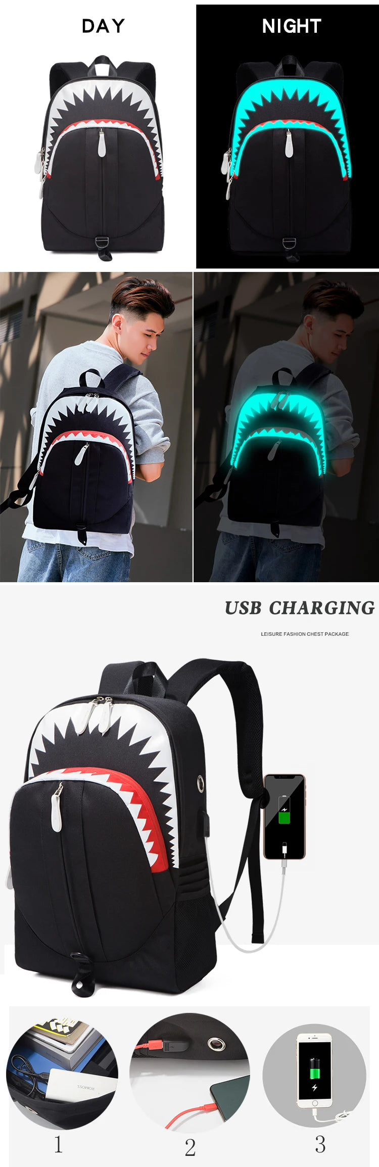 حقيبة ظهر سوداء بتصميم نيون أخضر، تُعرض في صور نهار وليلة مع كابل شحن USB مُرفق.