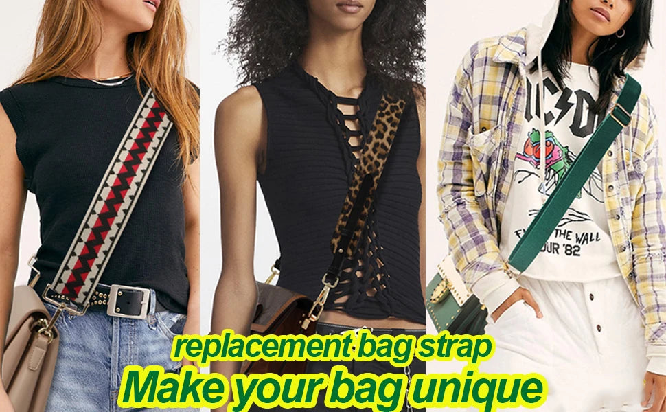 A woman models a black top and jeans while wearing an adjustable nylon crossbody bag strap.